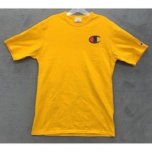 Vintage Champion Logo T-Shirt Men Size Large Yellow Single Stitch Short Sleeve